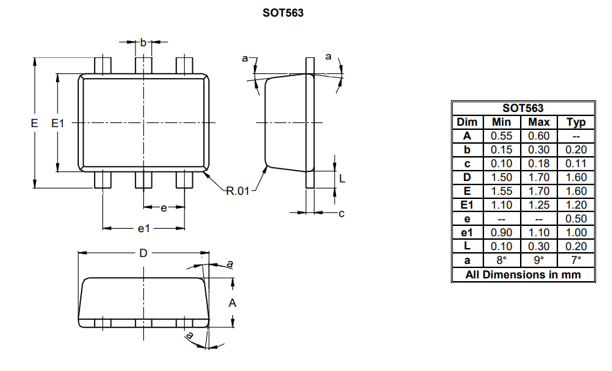 机械图纸 - Diodes Incorporated DMN52D0UVA N沟道增强模式MOSFET
